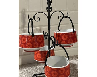 Vintage Yum Yum Tree Hanging Bowl Set, MCM Black Iron Rack Made in Japan