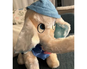 Dumbo Vintage Stuffed Stiff Pink Circus Elephant Blue Hat and Neck Ribbon