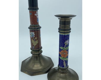Vtg Pair of Cloisonne Candlesticks Candle Holders Brass Base
