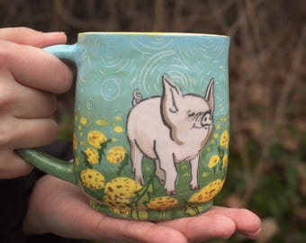 Juego de 2 tazas de cerámica hechas a mano con forma de cerdo/taza de café con diseño de animales de granja