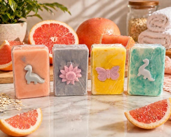 Grapefruit Oatmeal Kids Soap – Handmade Dinosaur Butterfly Gentle Bath Bar