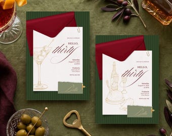 Elegante uitnodiging voor een cocktailparty | Hello Thirty | Bewerkbaar Canva | Direct downloaden | 5x7 inch, twee ontwerpen