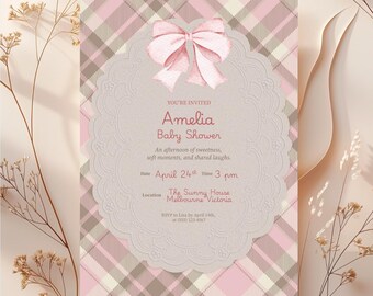 Editable Baby Shower Invitation Template, Pink Bow Girl Invite (5x7 Digital Download)