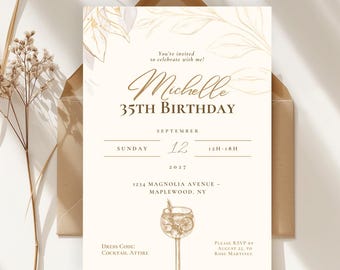 Neutral Beige Birthday Invite, Elegant Adult Invitation Template, Editable Canva Invite