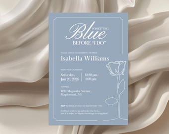 Blue Bridal Shower Invitation, Minimalist Floral Line Art, Editable Canva Template, Digital Download