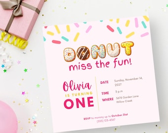 Donut Birthday Invitation, Pink Party Invite, Editable Canva Kids File (Digital Download)
