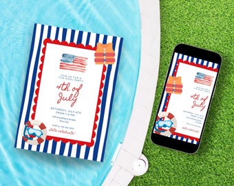 4th of July Party Invitation | Pool Party | Printable, Mobile, Editable Canva Template