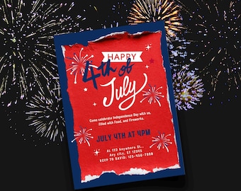 4th of July Invitation Template | Editable Canva | Independence Day Party Invite | Fireworks BBQ Cookout | Instant Download