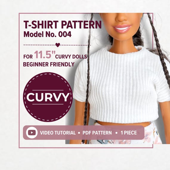 Curvy Barbie T-Shirt Sewing Pattern, 11.5 Inch Doll Clothes (PDF Download)