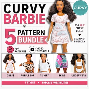 Kurvig Barbie 5-mönsterpaket, sömnadsmönster för dockkläder 11,5"