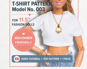 T-Shirt Sewing Pattern for 11.5" Dolls, Beginner PDF, Easy 1 Piece, Video Tutorial