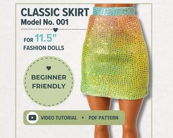 Classic Skirt Sewing Pattern for 11.5" Dolls, Beginner Friendly (Digital Download)