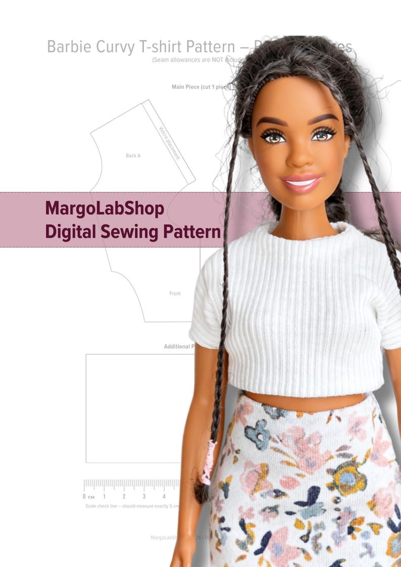 May include: A Barbie doll wearing a white ribbed crop top and a floral print skirt. The doll has long dark braids. The image includes a digital sewing pattern with the text "MargoLabShop Digital Sewing Pattern".