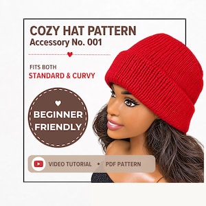 May include: A bright red knit beanie hat worn on a mannequin head. The image includes text: COZY HAT PATTERN, Accessory No. 001, FITS BOTH STANDARD & CURVY, BEGINNER FRIENDLY, VIDEO TUTORIAL, and PDF PATTERN, with a small heart icon.