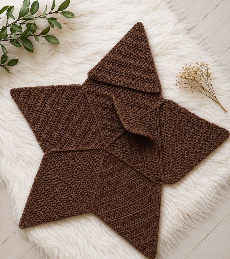 May include: A dark brown star-shaped blanket crafted with a textured crochet stitch pattern. The item features five distinct points and a folded section in the center, showcasing a consistent yarn construction throughout the entire piece.