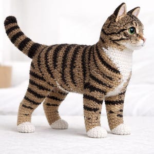Può includere: Figurina di gatto all'uncinetto fatta a mano. Il gatto ha un corpo marrone con strisce marroni scure, petto e zampe bianche e occhi verdi. La coda è curva verso l'alto. Il gatto è su una superficie bianca.