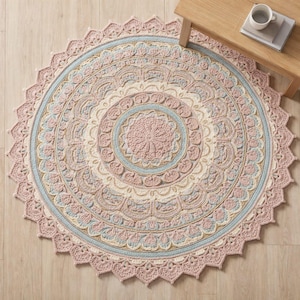 Może przedstawiać: Okrągły, szydełkowy dywan z misternym wzorem mandali. Dywan ma koncentryczne okręgi w odcieniach różu, kremu i błękitu, z falistym brzegiem. Leży na jasnej drewnianej podłodze.