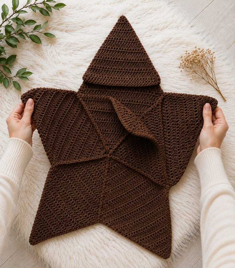 May include: A dark brown star-shaped crochet blanket featuring a textured stitch pattern. The item has five distinct points and a folded center section, crafted from yarn with a consistent dark brown color throughout the entire piece.