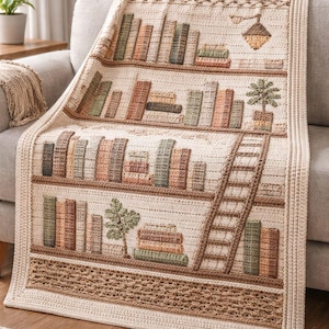 May include: Crocheted blanket featuring a bookshelf design. The blanket displays shelves with stacks of books in various colors, a ladder, and decorative elements. The color palette includes beige, brown, and muted greens, creating a cozy, inviting aesthetic.