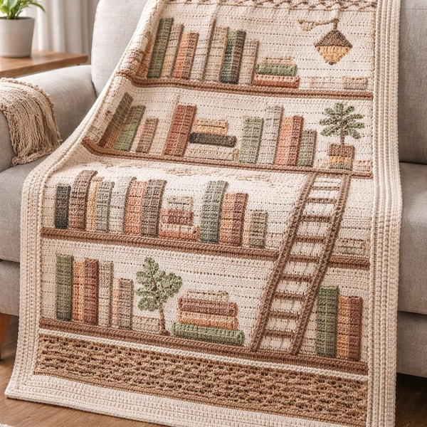 Overlay mosaïque au crochet fait main, modèle de couverture d'étagère PDF, bibliothèque en mosaïque étendue