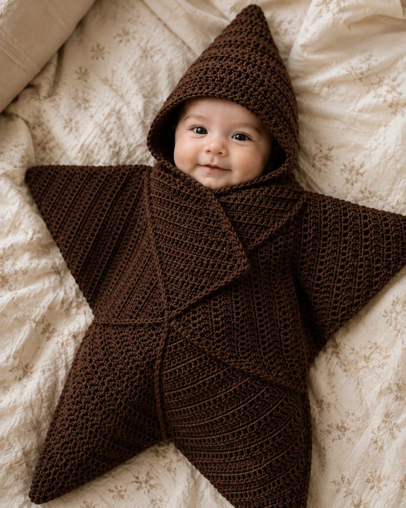 May include: A dark brown crocheted star-shaped swaddle blanket with a pointed hood. The garment features a textured stitch pattern and wraps around the body, creating five distinct points that extend outward from the center of the piece.