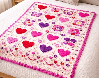 Mosaik-Overlay handgefertigte Valentinstag-Decke mit gehäkeltem Herz,