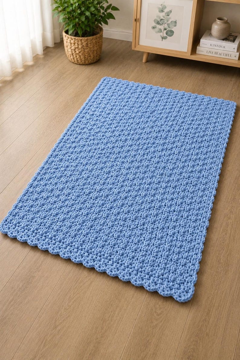K&ouml;nnte beinhalten: Ein rechteckiger hellblauer Teppich mit einer dicken, groben Strickstruktur, einem sich wiederholenden Noppenmuster und einem gewellten Randabschluss. Der Teppich ist aus weichem Garn gefertigt und weist eine gleichm&auml;&szlig;ige Farbe auf seiner Oberfl&auml;che auf.