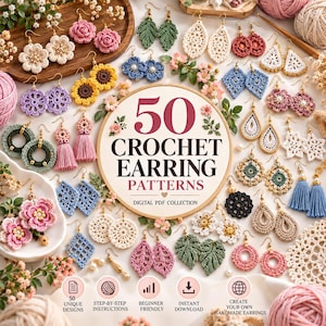 Paket med 50 virkade örhängesmönster, virkade smycken i PDF-format, bohemiska blom- och lövörhängesdesigner