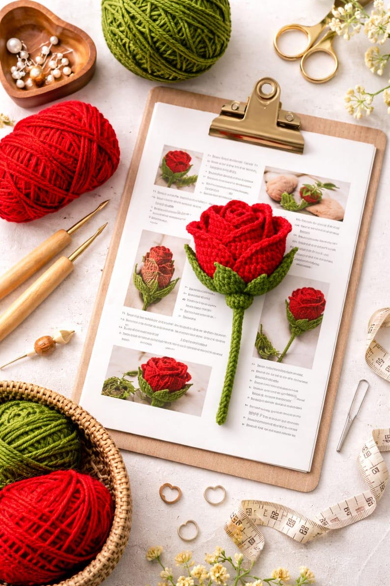 Crochet Rose Pattern PDF Realistic Amigurumi Flower Tutorial Long Stem ...