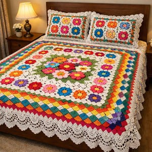 May include: A colorful, handmade crochet bedspread and two matching pillowcases. The bedspread features a floral design with a white background and a rainbow border. The pillowcases have a similar floral pattern. The bedspread is on a wooden bed frame.