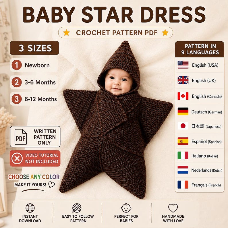 May include: A dark brown crochet baby star dress pattern PDF. The text reads BABY STAR DRESS, CROCHET PATTERN PDF, 3 SIZES, WRITTEN PATTERN ONLY, VIDEO TUTORIAL NOT INCLUDED, CHOOSE ANY COLOR, and lists 9 languages including English (USA).