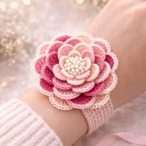 May include: A handmade crochet flower wrist cuff in shades of pink and cream. The flower has multiple layers of petals and a pearl-like center. The cuff is a light pink color and is worn on a wrist.