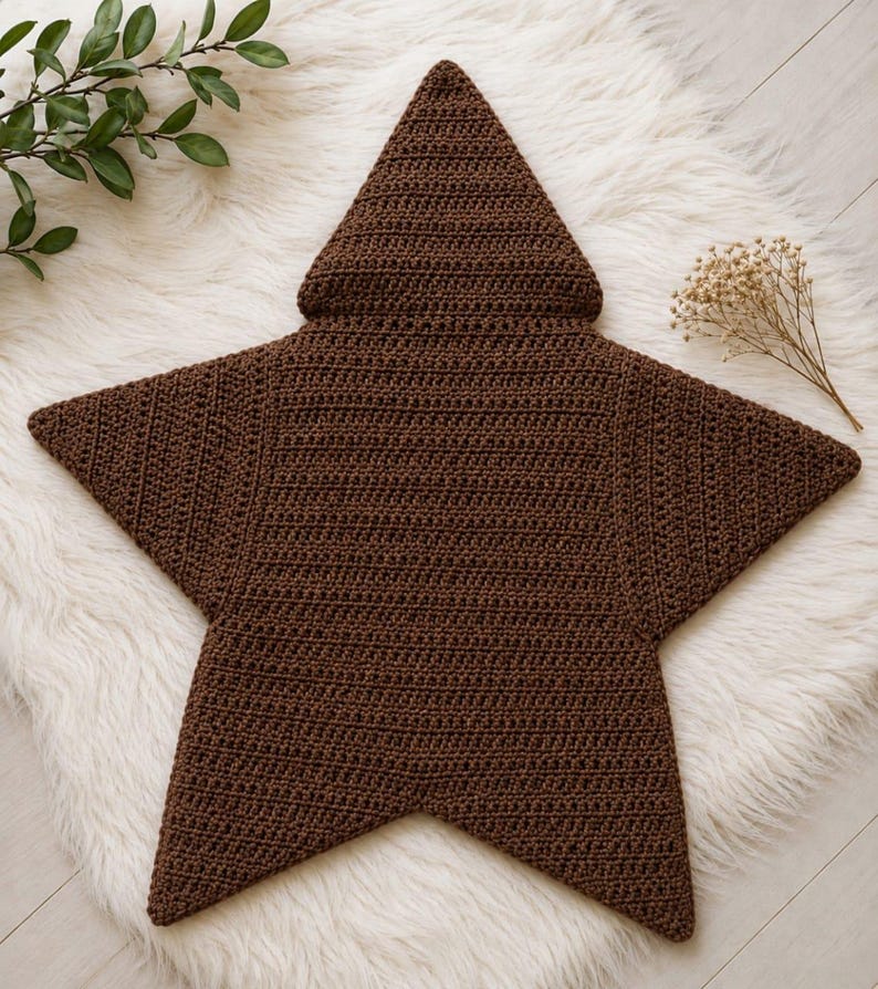 May include: A dark brown star-shaped crochet blanket featuring a pointed hood at the top. The item is constructed with a consistent stitch pattern throughout, creating a textured surface that forms five distinct points in a classic star silhouette.