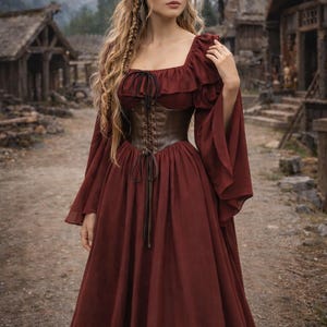 Vestido vikingo medieval para mujer - Traje renacentista bohemio - Vestido largo estilo pradera para LARP y cosplay - Traje tradicional nórdico
