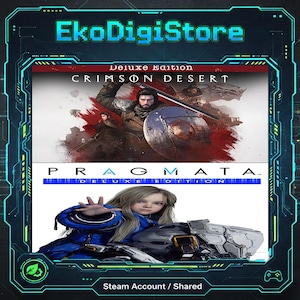 Puede incluir: Tarjeta de juego digital con la marca "EkoDigiStore". La tarjeta muestra dos portadas de juegos: "Crimson Desert Deluxe Edition" con un guerrero y "Pragmata Deluxe Edition" con una niña con un traje azul. La tarjeta tiene un diseño futurista con acentos verdes y azules.