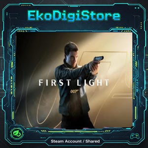 Może przedstawiać: Cyfrowy obraz produktu przedstawiający mężczyznę trzymającego broń, z tekstem "FIRST LIGHT" i "007". Obraz jest oprawiony w turkusową i czarną cyfrową ramkę, z napisem "EkoDigiStore" u góry.