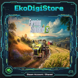 May include: A digital game cover for Farming Simulator 25, featuring a green and black tractor driving through a field. The background shows a rural landscape with a red barn and rolling hills under a cloudy sky. The game title is prominently displayed.