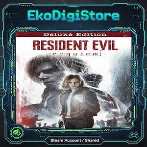 May include: A digital game card for "Resident Evil: Requiem Deluxe Edition" featuring a woman and a man in the background. The card has a blue and green border with the text "EkoDigiStore" at the top and "Steam Account / Shared" at the bottom.
