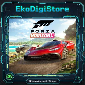 Puede incluir: Imagen promocional del videojuego Forza Horizon 5. La imagen presenta un coche deportivo rojo en un camino de tierra con un fondo montañoso. El logotipo del juego se muestra, junto con el texto "EkoDigiStore" y "Steam Account / Shared".