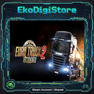 Op de afbeelding: Digitale afbeelding van "Euro Truck 2 Simulator" met een zwarte Scania vrachtwagen en het logo van het spel. De afbeelding bevat de tekst "EkoDigiStore" en "Steam Account / Shared", tegen een donkere achtergrond met een futuristisch kader.