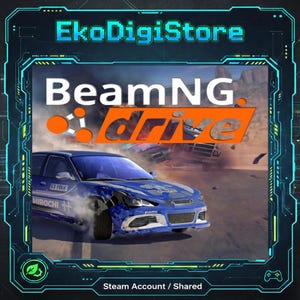 May include: A digital product image for BeamNG.drive, featuring a blue sports car drifting on a desert road. The game's logo is prominently displayed with the text "BeamNG drive" in white and orange. The image is framed with a teal and black border, with the text "EkoDigiStore" at the top.