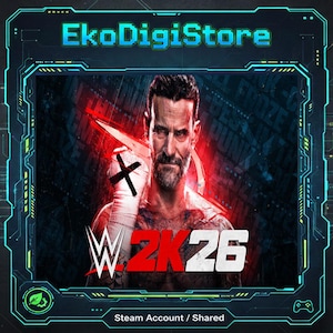 Puede incluir: Imagen digital de un hombre con barba y una venda en la mano, con una X negra. La imagen tiene el texto "WWE 2K26" y "EkoDigiStore" en un marco futurista. La parte inferior de la imagen dice "Steam Account / Shared".
