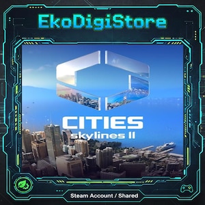 Könnte beinhalten: Digitalgrafik für Cities: Skylines II, mit einer Stadtlandschaft mit Wolkenkratzern und Wasser. Der Spieletitel wird zusammen mit dem EkoDigiStore-Logo angezeigt. Der Hintergrund ist ein blauer Himmel mit einer stilisierten geometrischen Form.