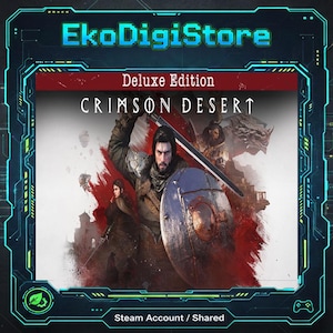 May include: A digital product listing for "Crimson Desert Deluxe Edition" on a Steam account. The image features a warrior with a sword and shield, set against a red and gray background. The "EkoDigiStore" logo is at the top.