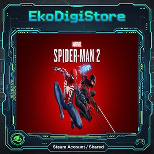 Może przedstawiać: Cyfrowa grafika z logo gry Marvel Spider-Man 2 i dwoma postaciami Spider-Mana w dynamicznych pozach. Tło jest czerwone, a obraz jest obramowany turkusowo-czarną cyfrową ramką. Tekst "EkoDigiStore" znajduje się na górze.