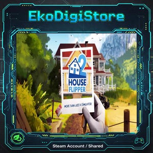 May include: Digital art promoting "House Flipper 2" game. The image features a house illustration with the game's logo, held by a gloved hand. The background shows a house and a "For Sale" sign. The EkoDigiStore logo is at the top.