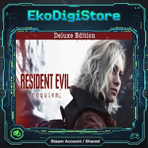 Puede incluir: Ilustración de la carátula del juego Resident Evil Requiem Deluxe Edition. La imagen presenta a una mujer con pelo corto y gris, sobre un fondo de bosque. El título del juego está en letras grandes y rojas. La carátula tiene un borde futurista con el texto "EkoDigiStore".