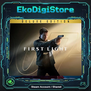 Puede incluir: Imagen de un producto digital con un hombre sosteniendo un arma, con el texto "FIRST LIGHT 007" en blanco. La imagen está enmarcada por un borde verde azulado y negro con el texto "EkoDigiStore" en la parte superior y "DELUXE EDITION" en dorado.