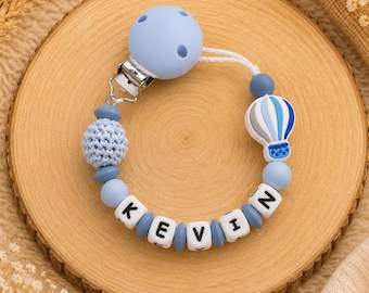 Baby boy personalised blue silicone dummy clip hot air balloon