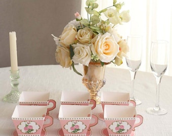 Mini Teacup Favor Boxes – Rose Floral Print, Tea Party Decorations (25-Pack)